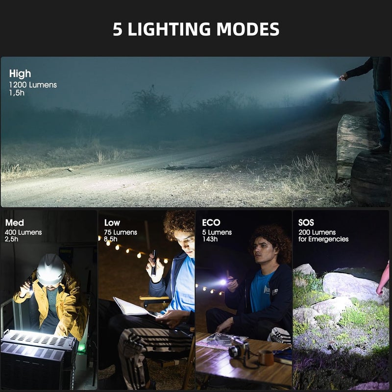 WUBEN مصباح يدوي قابل لإعادة الشحن WUBEN L50 – 1200 لومن، مصباح LED تكتيكي، 5 أوضاع، مقاوم للماء IP68، ضوء محمول للاستخدام في التخييم، الطوارئ، المشي لمسافات طويلة والاستخدام المنزلي - Image 2